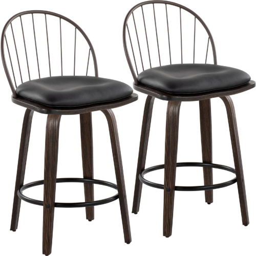 Riley 26" Counter Stool in Walnut Glazed & Dark Walnut Wood, Bronze & Brown Leatherette (Set of 2)